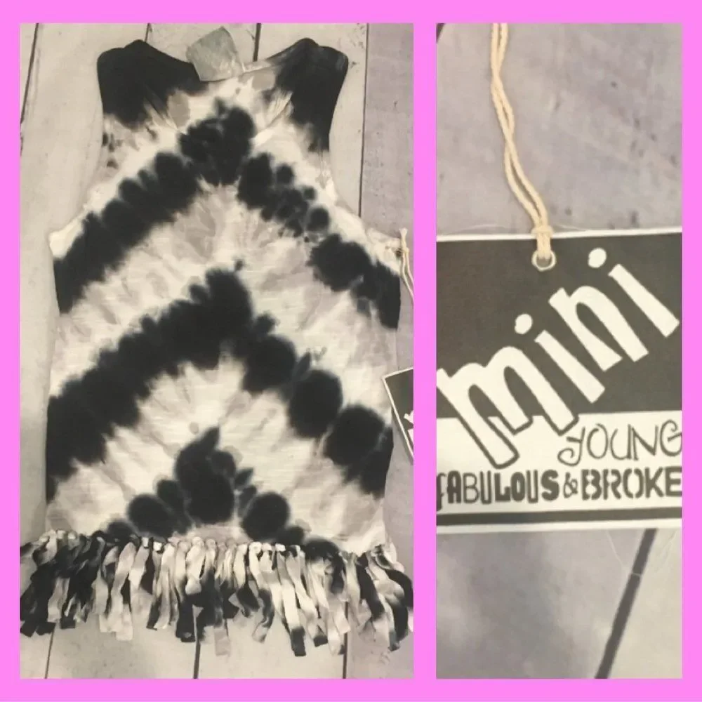 NWT, MINI Young, Broke, & Fabulous Girls Tie-Dye Fringe Tank -Black/Grey & White - Picture 1 of 3